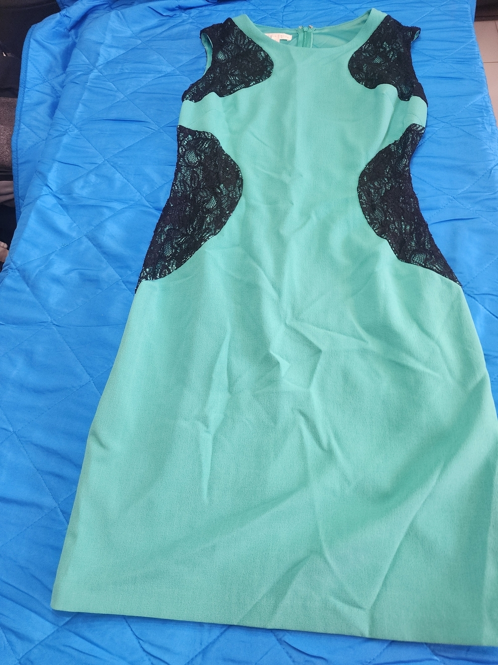 London Times Mint Green Dress with Black Lace Insets